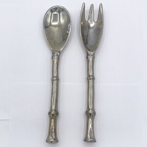 VTG 1996 Mariposa Heavy Cast Aluminum Salad Serving Utensils Faux Bamboo Handles
